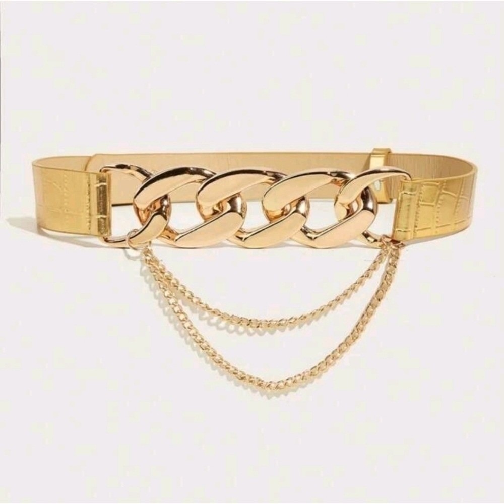 New Women's Gold Tone double Chain Belt‎  Adjustable  metal×leather 44 inches